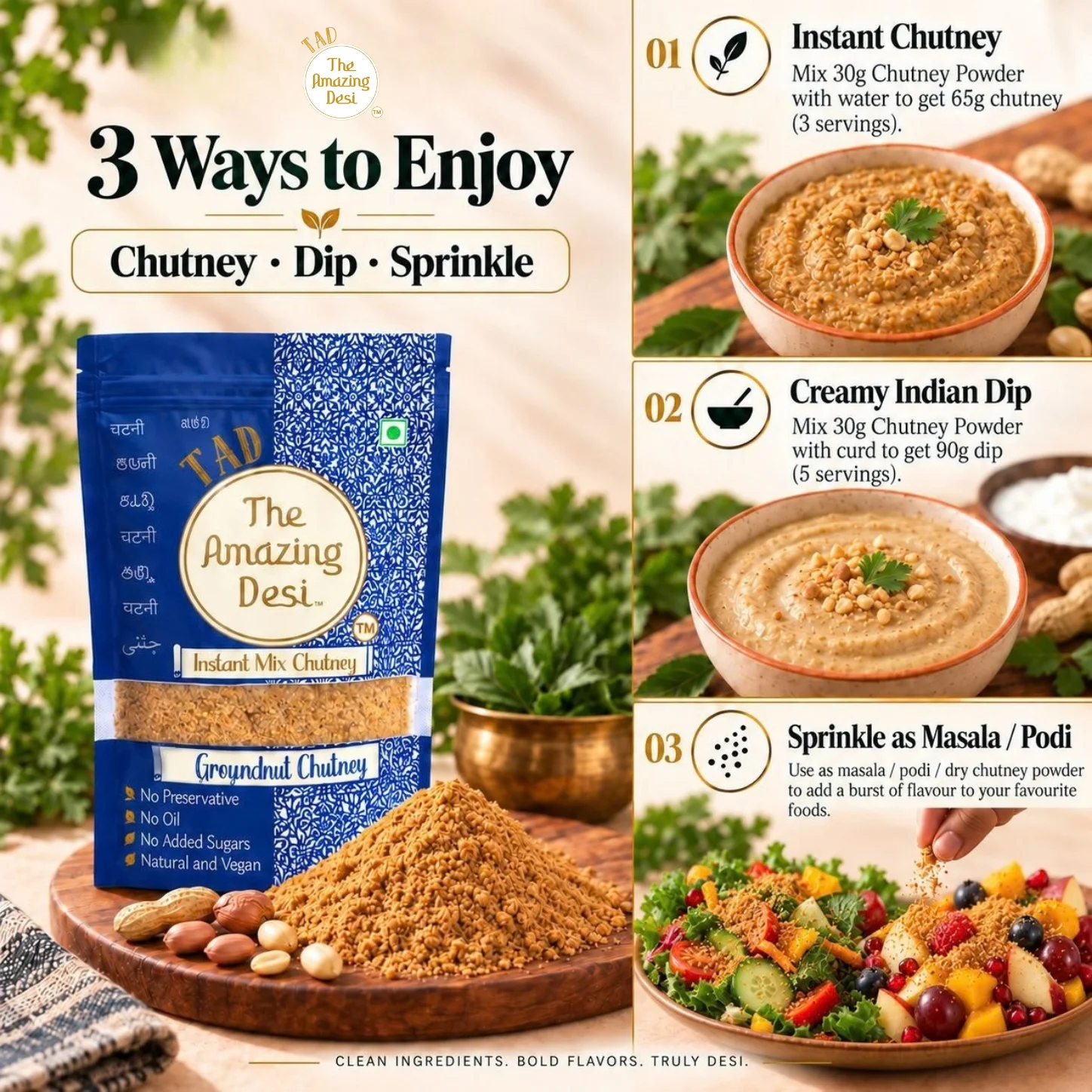 TAD Groundnut Instant Chutney Mix – 100g | South Indian Dosa Chatni | 3-In-1 Mix - Image 4