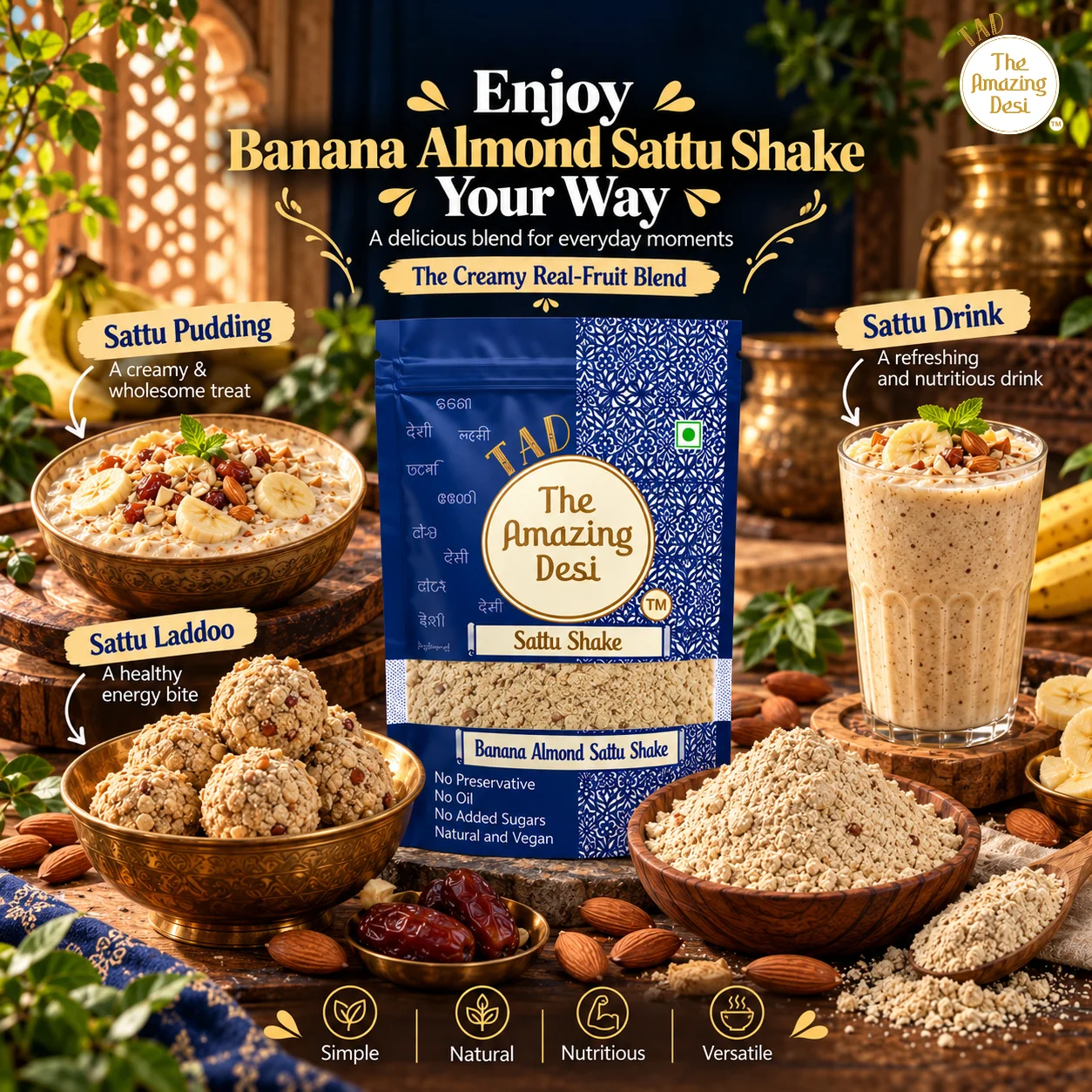Three versatile ways to enjoy Banana Almond Sattu Shake: as a refreshing drink, a creamy pudding, or healthy laddoo energy bites.