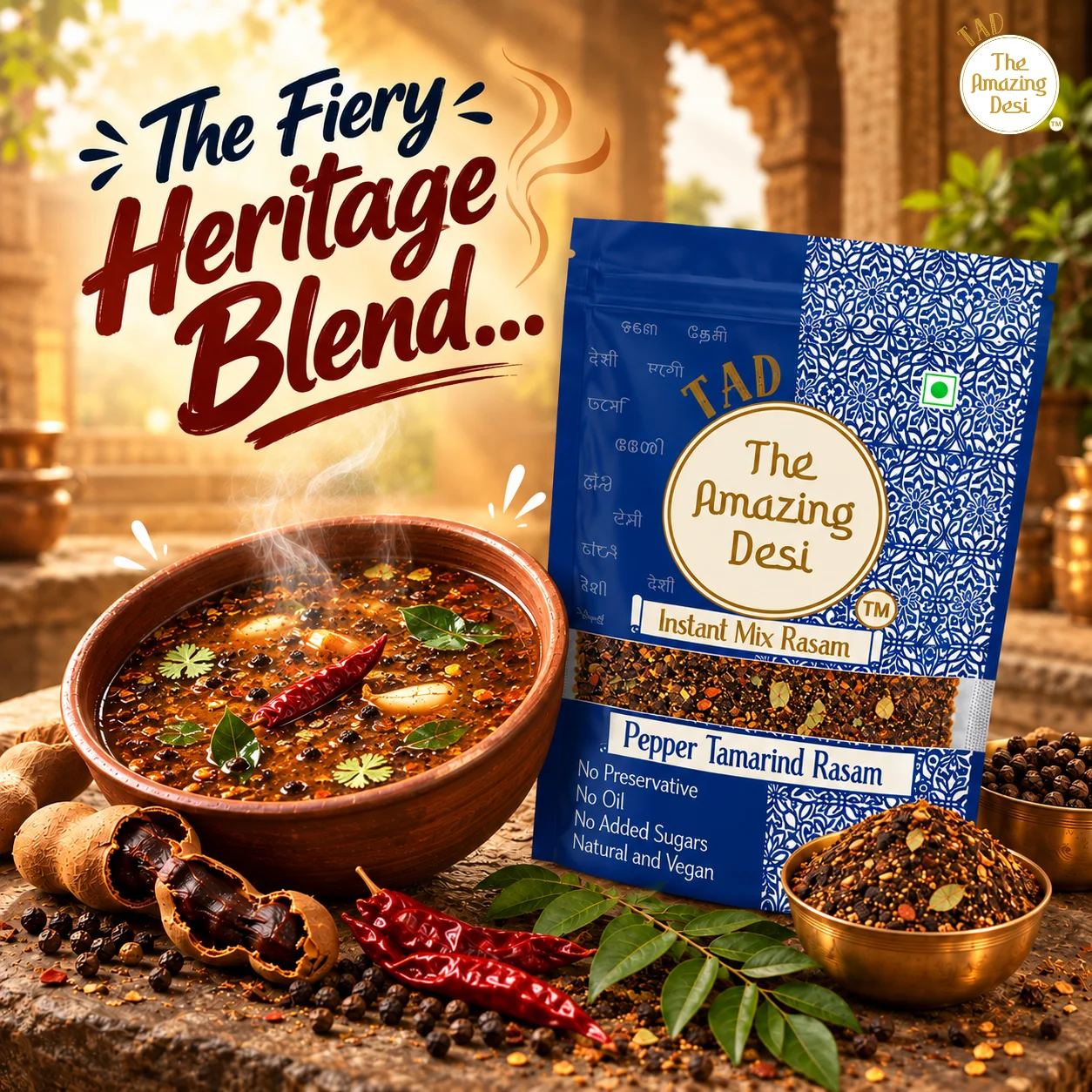 The Amazing Desi Instant Pepper Tamarind Rasam packaging next to a traditional bowl of hot rasam.